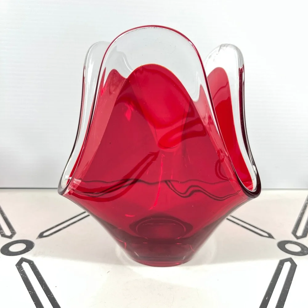 VTG‎ Murano Style Ruby Red Handkerchief Art Glass Vase Mid-Century Modern 7.25